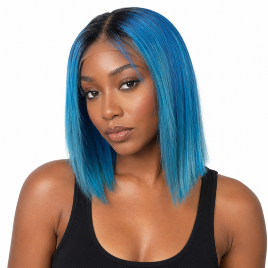 Blue Bob 10” Asymmetrical Lace-front Wig Human Hair